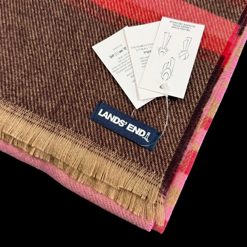 Land's End Women's Oblong Scarf Stripe Red Pink Tan Knit Classic 15 X 70 NWT